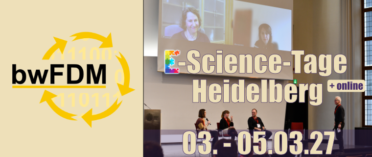 Promotional banner for E-Science-Tage Heidelberg, March 3-5, 2027, featuring the bwFDM logo.